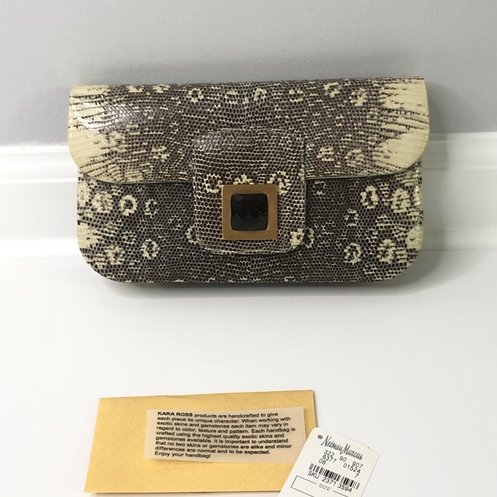 NWT Kara Ross NY Beige Lizard Smoky Topaz Clutch